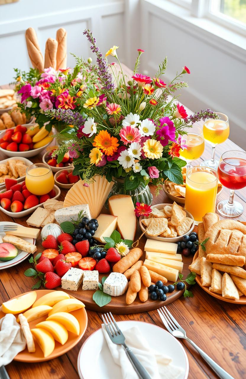 A vibrant, colorful arrangement of various foods on a beautifully decorated table