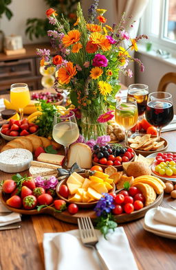 A vibrant, colorful arrangement of various foods on a beautifully decorated table
