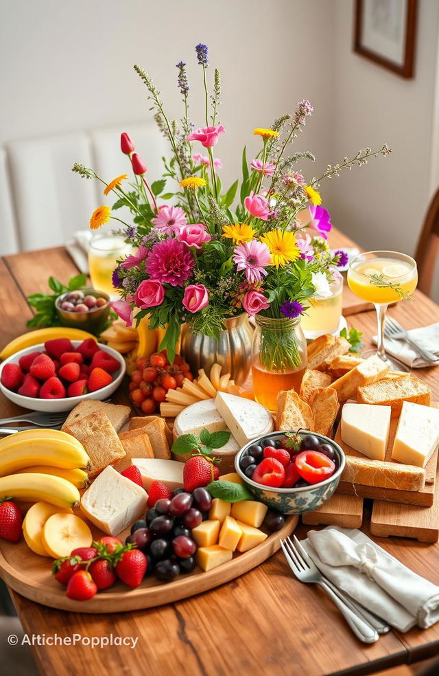 A vibrant, colorful arrangement of various foods on a beautifully decorated table