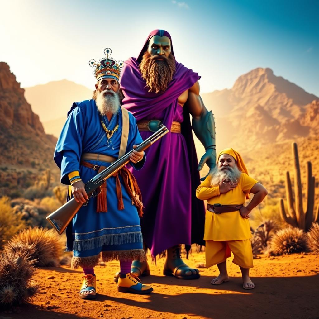 A vibrant and colorful scene featuring a cangaceiro wearing a blue outfit, a giant clad in purple, and a dwarf dressed in yellow