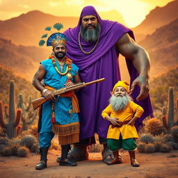 A vibrant and colorful scene featuring a cangaceiro wearing a blue outfit, a giant clad in purple, and a dwarf dressed in yellow