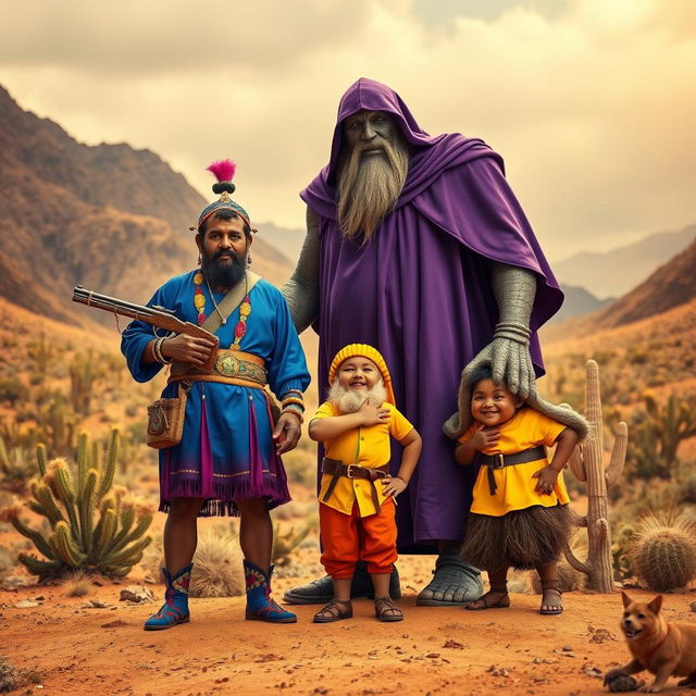 A vibrant and colorful scene featuring a cangaceiro wearing a blue outfit, a giant clad in purple, and a dwarf dressed in yellow