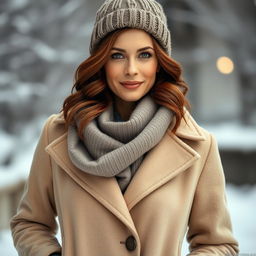 A confident and elegant woman aged 35+, showcasing chestnut hair styled in soft waves