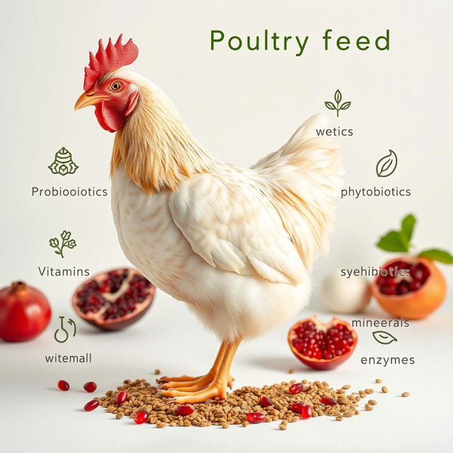 A realistic image of a chicken set against a clean background that showcases an arrangement of enriched poultry feed, highlighting elements such as probiotics, prebiotics, phytobiotics, symbiotics, vitamins, minerals, and enzymes