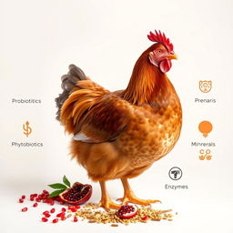 A realistic image of a chicken set against a clean background that showcases an arrangement of enriched poultry feed, highlighting elements such as probiotics, prebiotics, phytobiotics, symbiotics, vitamins, minerals, and enzymes