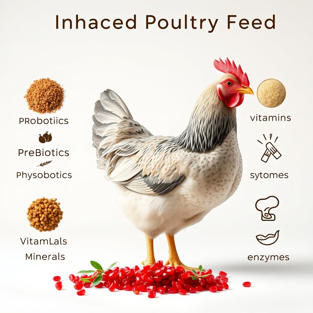 A realistic image of a chicken set against a clean background that showcases an arrangement of enriched poultry feed, highlighting elements such as probiotics, prebiotics, phytobiotics, symbiotics, vitamins, minerals, and enzymes