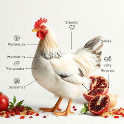 A realistic image of a chicken set against a clean background that showcases an arrangement of enriched poultry feed, highlighting elements such as probiotics, prebiotics, phytobiotics, symbiotics, vitamins, minerals, and enzymes