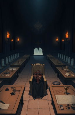An illustration depicting the once grand guild hall in the MMORPG world of NetherWorld, now empty and silent