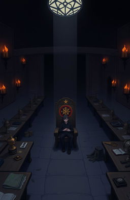 An illustration depicting the once grand guild hall in the MMORPG world of NetherWorld, now empty and silent