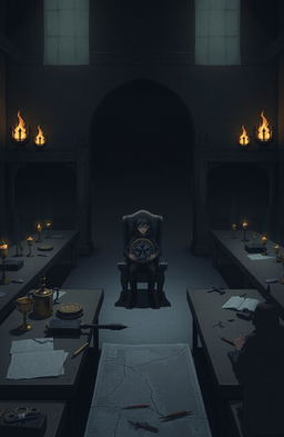 An illustration depicting the once grand guild hall in the MMORPG world of NetherWorld, now empty and silent