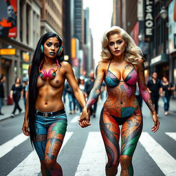 On a bustling city street, two stunning women approach, confidently holding hands and exuding an air of surprise