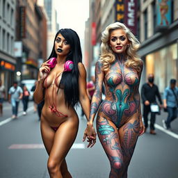 On a bustling city street, two stunning women approach, confidently holding hands and exuding an air of surprise