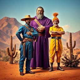 A striking scene depicting a cangaceiro in a commanding blue outfit, confidently posed with a hand on his hip, showcasing traditional elements like a wide-brimmed hat and decorative straps, exuding authority