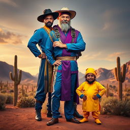 A striking scene depicting a cangaceiro in a commanding blue outfit, confidently posed with a hand on his hip, showcasing traditional elements like a wide-brimmed hat and decorative straps, exuding authority