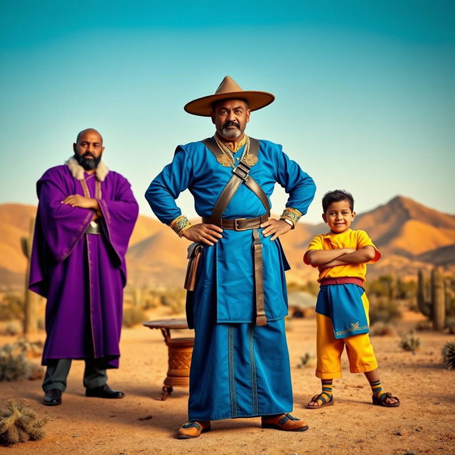 A striking scene depicting a cangaceiro in a commanding blue outfit, confidently posed with a hand on his hip, showcasing traditional elements like a wide-brimmed hat and decorative straps, exuding authority