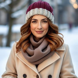 A confident and elegant woman aged 35+, featuring chestnut hair styled in soft waves