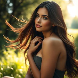A stunningly beautiful woman, gracefully posed in a natural setting, with soft lighting enhancing her allure