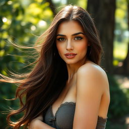 A stunningly beautiful woman, gracefully posed in a natural setting, with soft lighting enhancing her allure