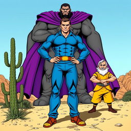 An impressive comic book-style illustration featuring a cangaceiro in a bold blue outfit, exuding confidence and strength as he stands tall with one hand on his hip