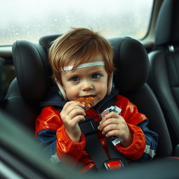 A heartfelt scene inside a vehicle showing a child sitting in a car seat, munching on a snack bar