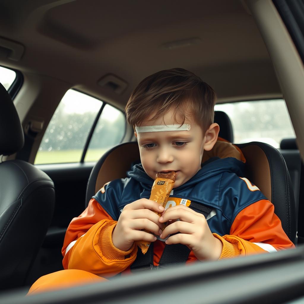 A heartfelt scene inside a vehicle showing a child sitting in a car seat, munching on a snack bar