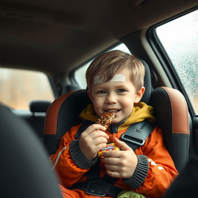 A heartfelt scene inside a vehicle showing a child sitting in a car seat, munching on a snack bar