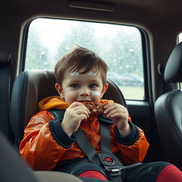 A heartfelt scene inside a vehicle showing a child sitting in a car seat, munching on a snack bar