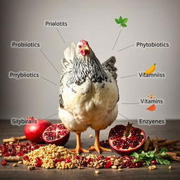 A realistic image of a chicken surrounded by an array of poultry feed enriched with probiotics, prebiotics, phytobiotics, symbiotics, vitamins, minerals, and enzymes