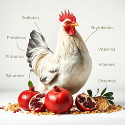A realistic image of a chicken surrounded by an array of poultry feed enriched with probiotics, prebiotics, phytobiotics, symbiotics, vitamins, minerals, and enzymes