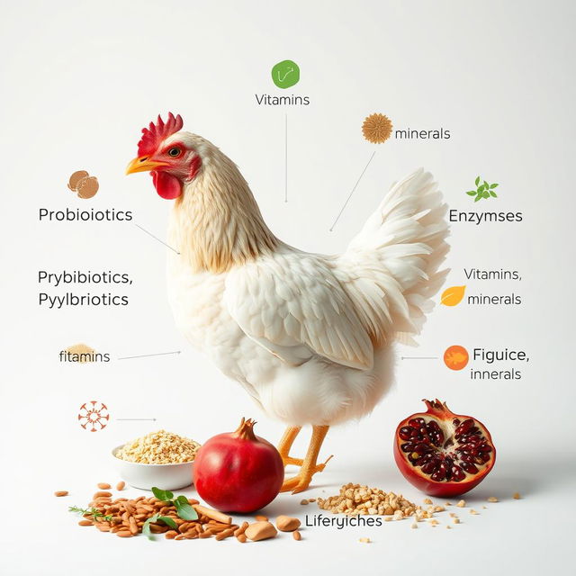 A realistic image of a chicken surrounded by an array of poultry feed enriched with probiotics, prebiotics, phytobiotics, symbiotics, vitamins, minerals, and enzymes