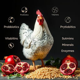 A realistic image of a chicken surrounded by an array of poultry feed enriched with probiotics, prebiotics, phytobiotics, symbiotics, vitamins, minerals, and enzymes