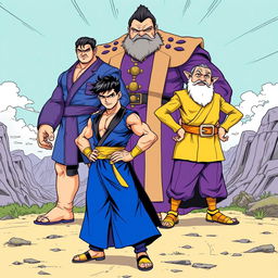 An impressive manga-style illustration featuring a cangaceiro in a striking blue outfit, posed dramatically with a confident stance and a determined expression, capturing the essence of a heroic figure