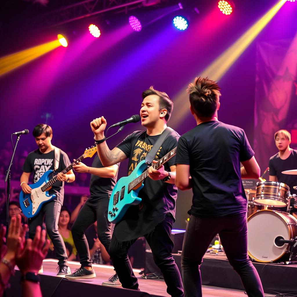 A dynamic scene of a five-member Rapcore band performing energetically on stage in Malaysia