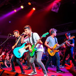 A dynamic scene of a five-member Rapcore band performing energetically on stage in Malaysia