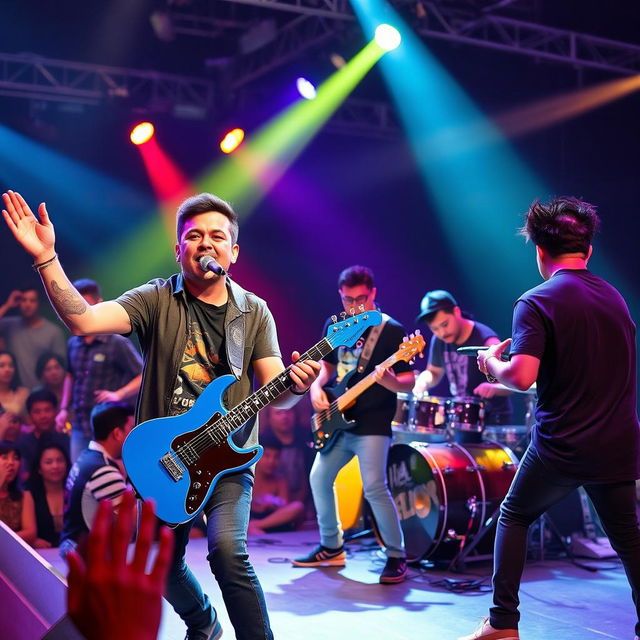 A dynamic scene of a five-member Rapcore band performing energetically on stage in Malaysia