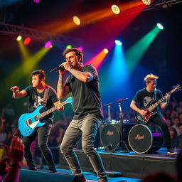 A dynamic scene of a five-member Rapcore band performing energetically on stage in Malaysia