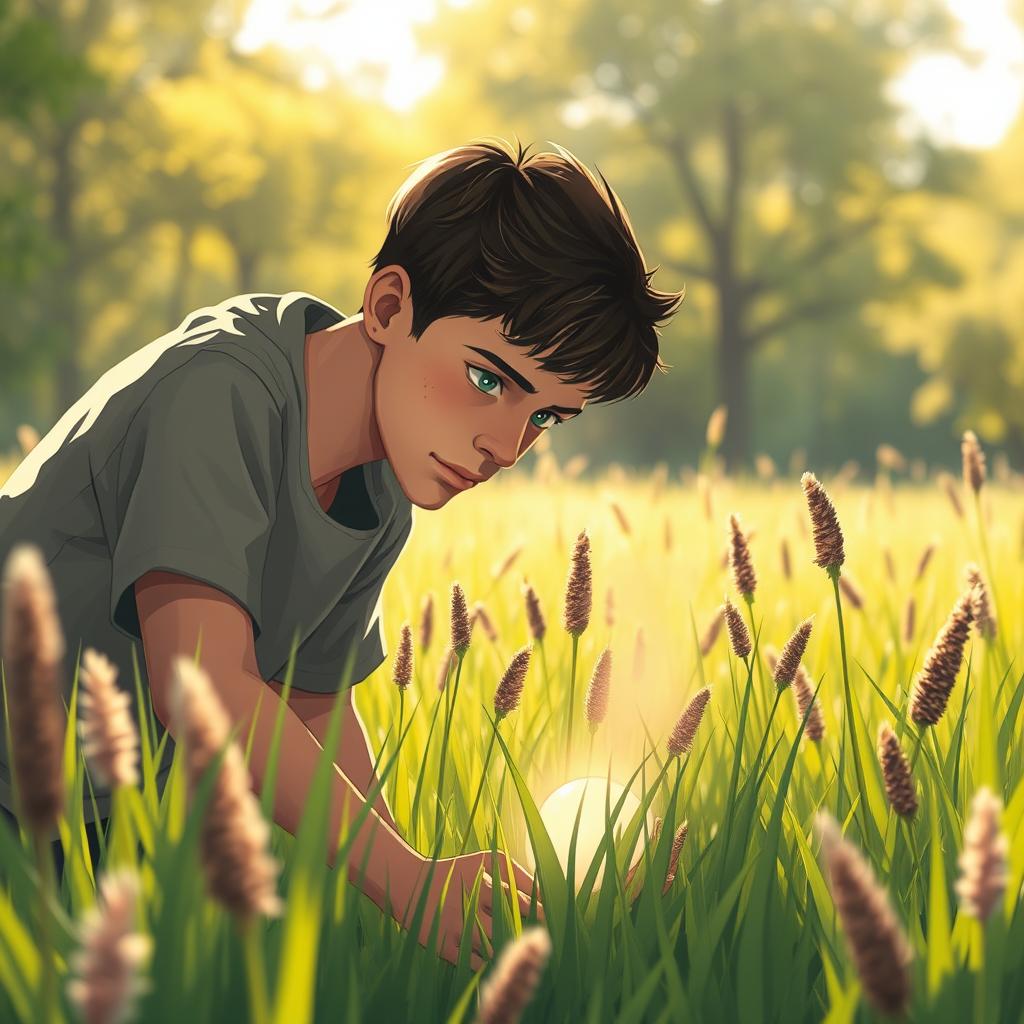 A moving and emotional scene illustrating a teenager in a bright, inviting outdoor landscape