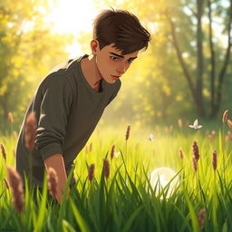 A moving and emotional scene illustrating a teenager in a bright, inviting outdoor landscape