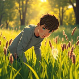 A moving and emotional scene illustrating a teenager in a bright, inviting outdoor landscape