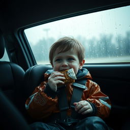 A cinematic scene capturing a child in a car seat, enjoying a snack bar while dressed in wet soccer gear, showcasing a vibrant and playful spirit