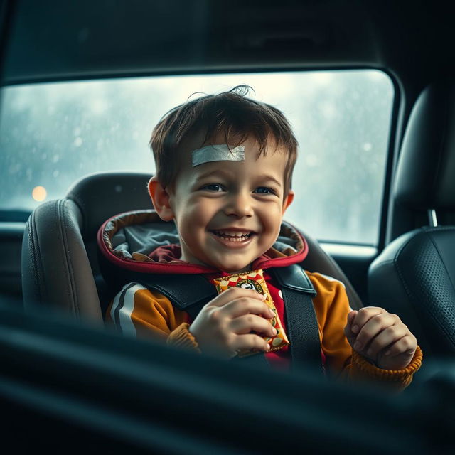 A cinematic scene capturing a child in a car seat, enjoying a snack bar while dressed in wet soccer gear, showcasing a vibrant and playful spirit