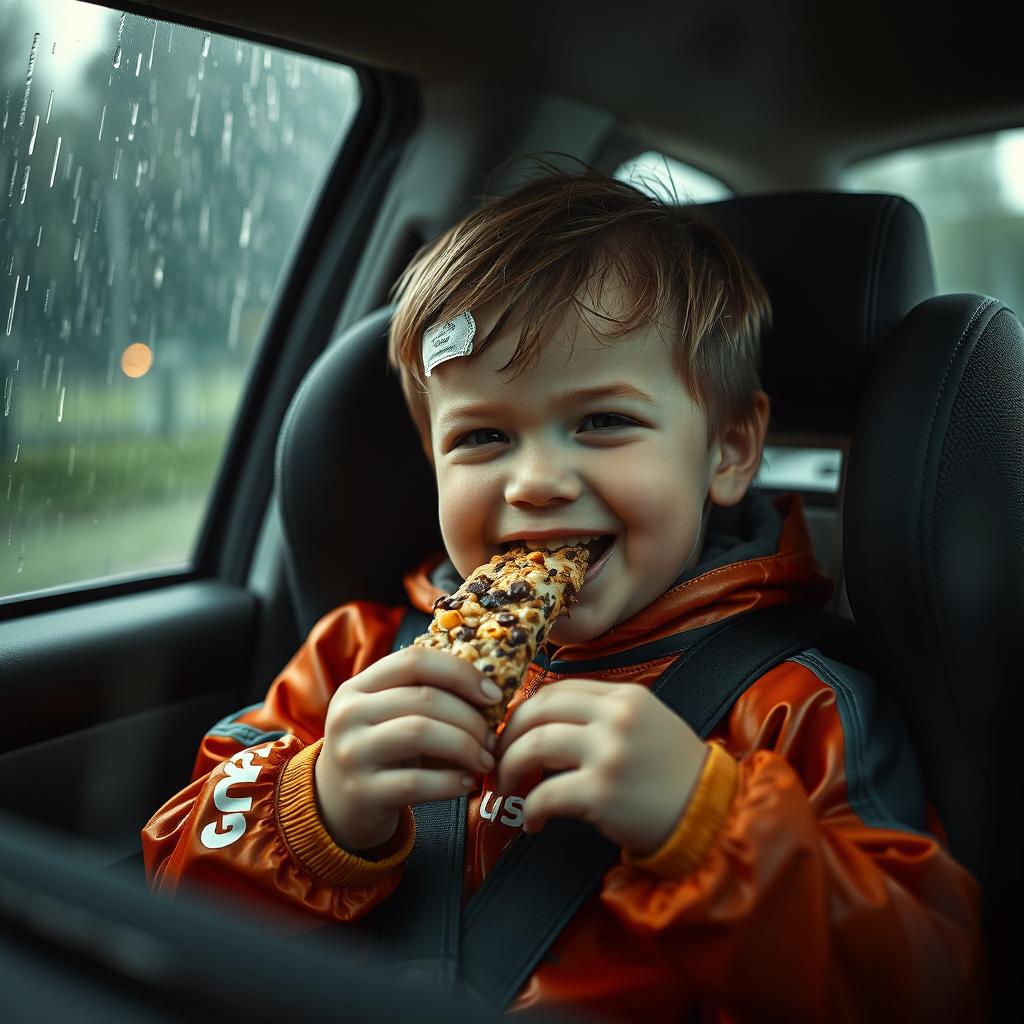 A cinematic scene capturing a child in a car seat, enjoying a snack bar while dressed in wet soccer gear, showcasing a vibrant and playful spirit