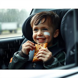 A cinematic scene capturing a child in a car seat, enjoying a snack bar while dressed in wet soccer gear, showcasing a vibrant and playful spirit