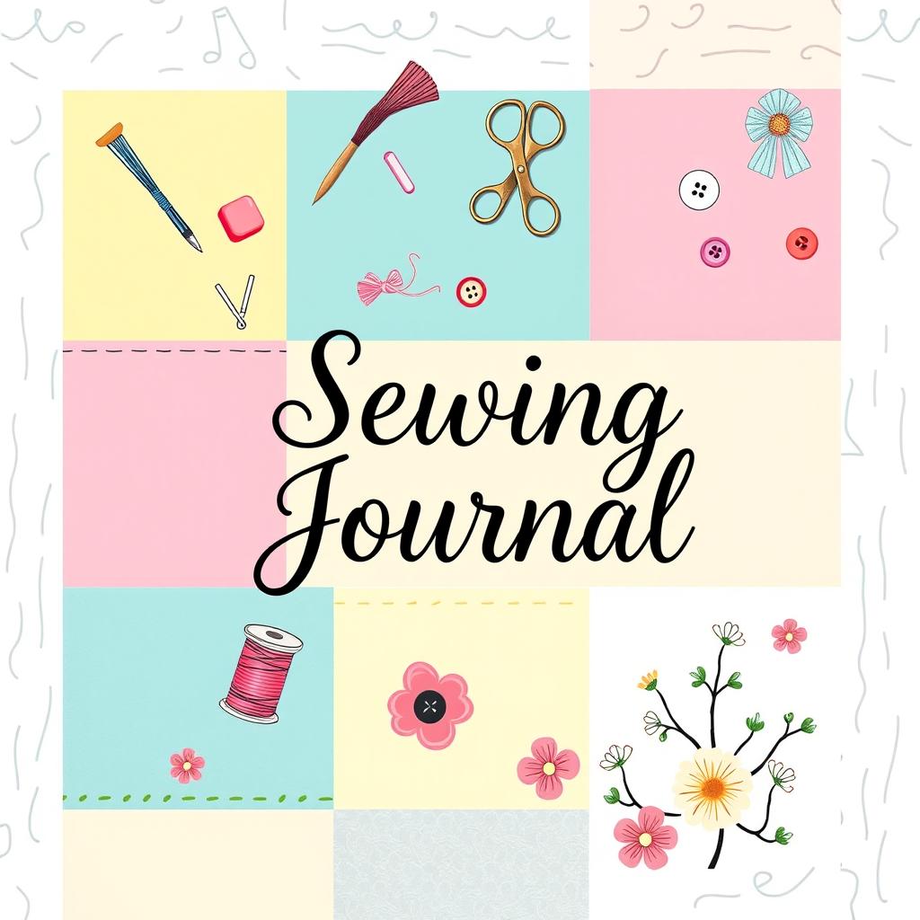 A beautifully designed sewing journal cover featuring a whimsical and colorful patchwork design filled with various sewing tools such as needles, threads, scissors, and buttons