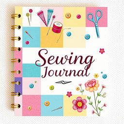A beautifully designed sewing journal cover featuring a whimsical and colorful patchwork design filled with various sewing tools such as needles, threads, scissors, and buttons