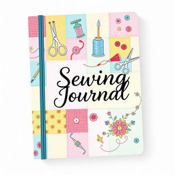 A beautifully designed sewing journal cover featuring a whimsical and colorful patchwork design filled with various sewing tools such as needles, threads, scissors, and buttons
