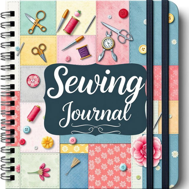 A beautifully designed sewing journal cover featuring a whimsical and colorful patchwork design filled with various sewing tools such as needles, threads, scissors, and buttons