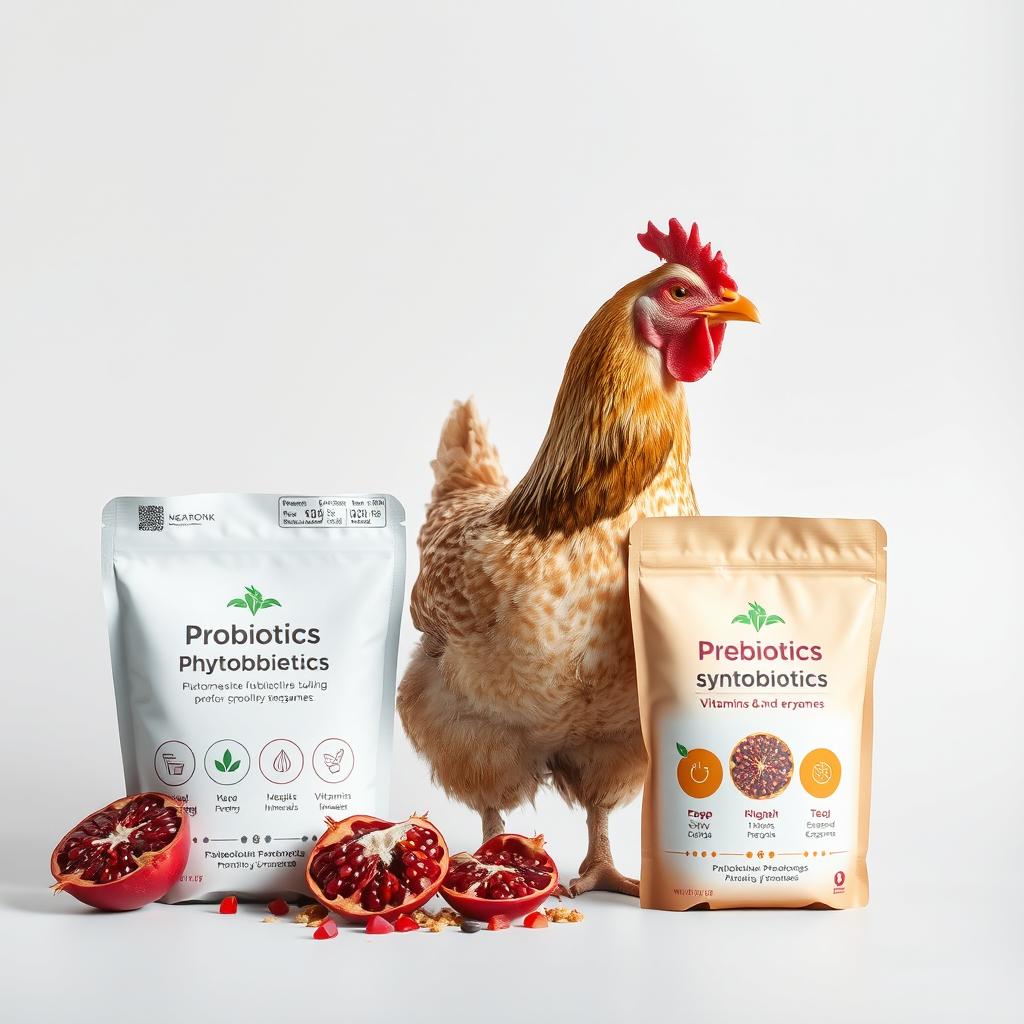 A realistic image of a chicken positioned against a simple background, accompanied by an assortment of poultry feed