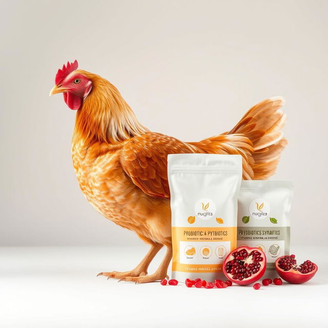 A realistic image of a chicken positioned against a simple background, accompanied by an assortment of poultry feed