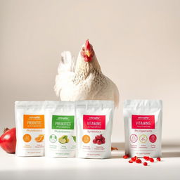 A realistic image of a chicken positioned against a simple background, accompanied by an assortment of poultry feed